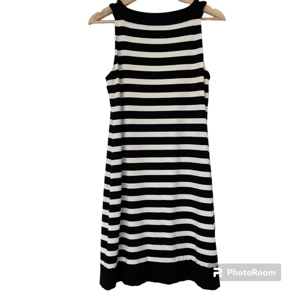 WHITE HOUSE BLACK MARKET BLACK/WHITE STRIPED DRESS W/ METAL/CUTOUT NECKLINE, S - Picture 2 of 10